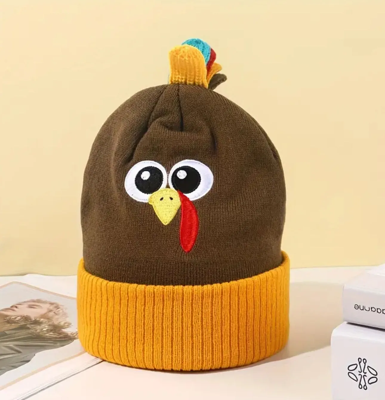 Thanksgiving Turkey Beanie With Cockscomb Yellow Cartoon Embroidery Knit Hats Lightweight Elastic Skull Cap Warm Beanies For Women & Men