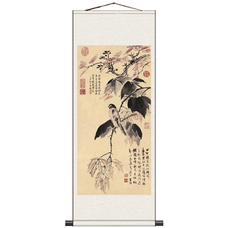 Traditional Chinese-style Freehand Painting of Plum Flowers and Autumn Scenery Silk Scroll Hanging Painting Chinese Style Wall Decoration Art