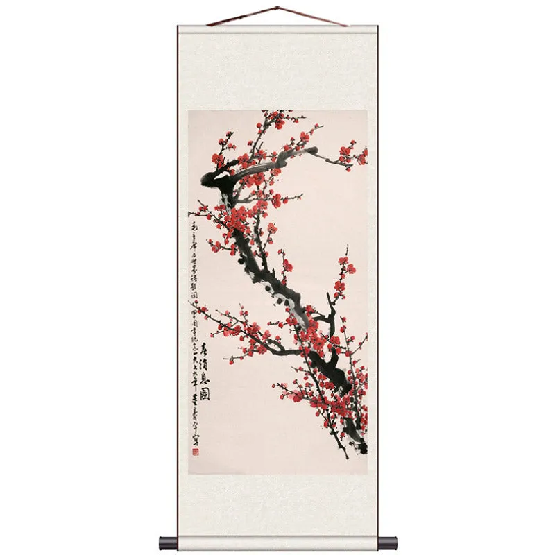 Traditional Chinese-style Freehand Painting of Plum Flowers and Autumn Scenery Silk Scroll Hanging Painting Chinese Style Wall Decoration Art