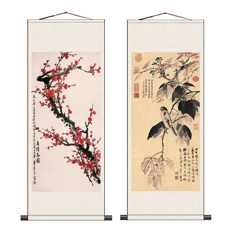 Traditional Chinese-style Freehand Painting of Plum Flowers and Autumn Scenery Silk Scroll Hanging Painting Chinese Style Wall Decoration Art