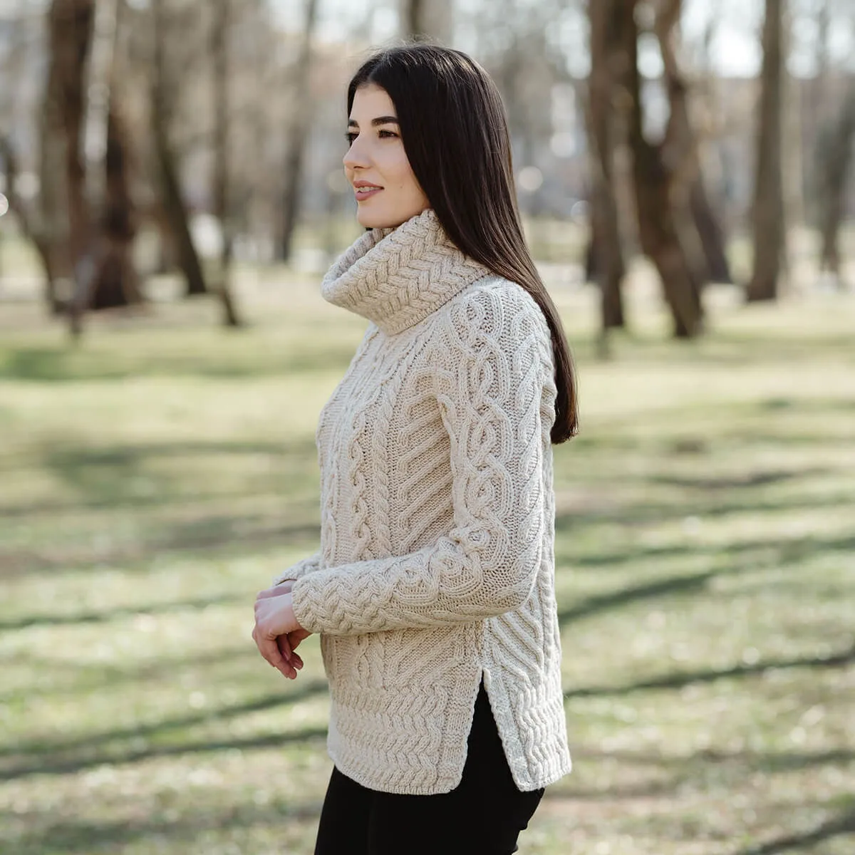 Traditional Ladies Funnel Neck Aran Sweater