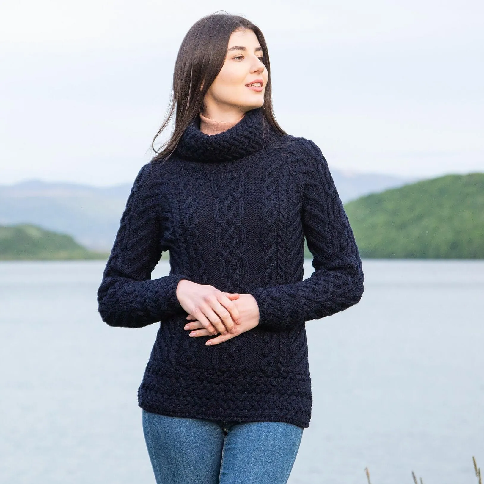 Traditional Ladies Funnel Neck Aran Sweater