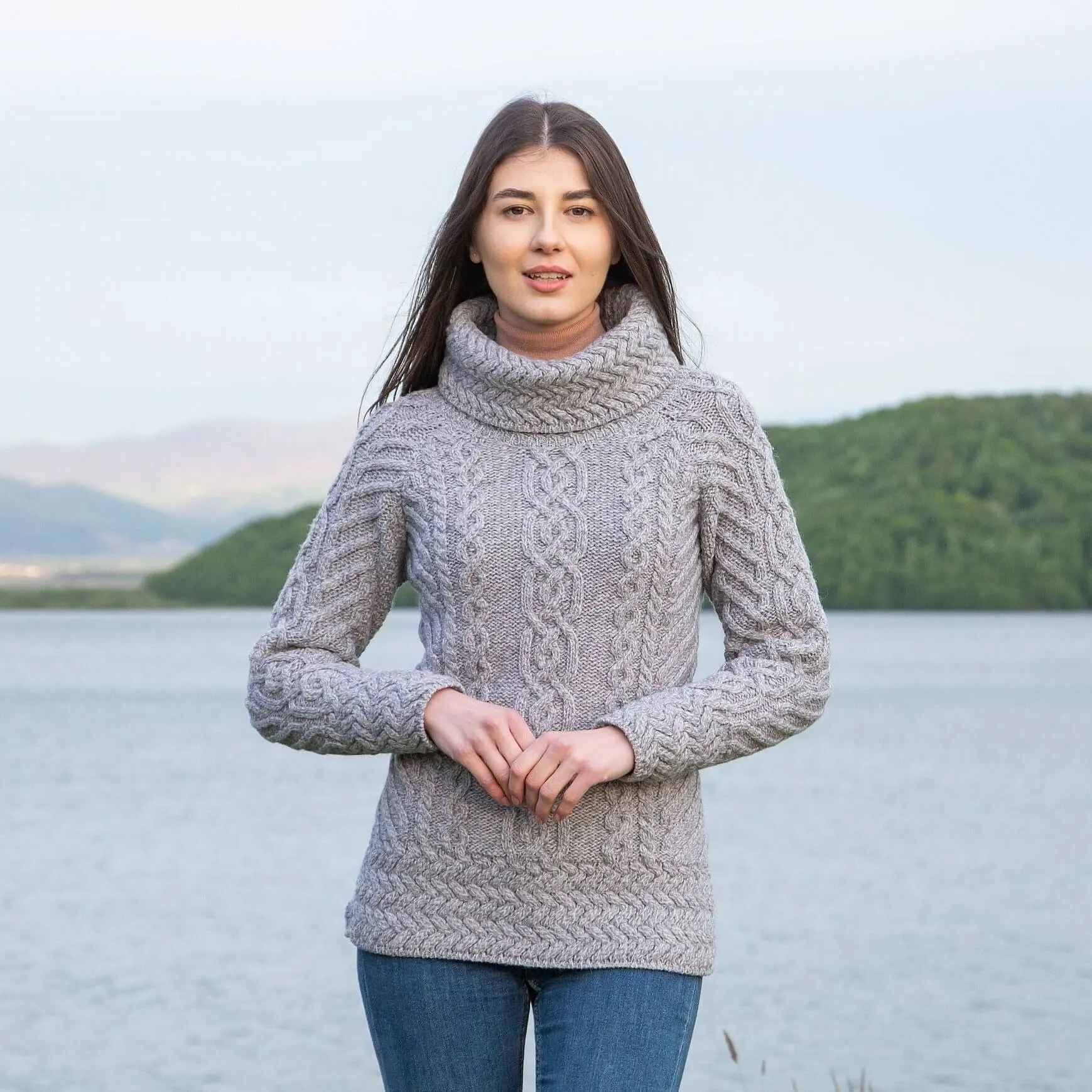 Traditional Ladies Funnel Neck Aran Sweater