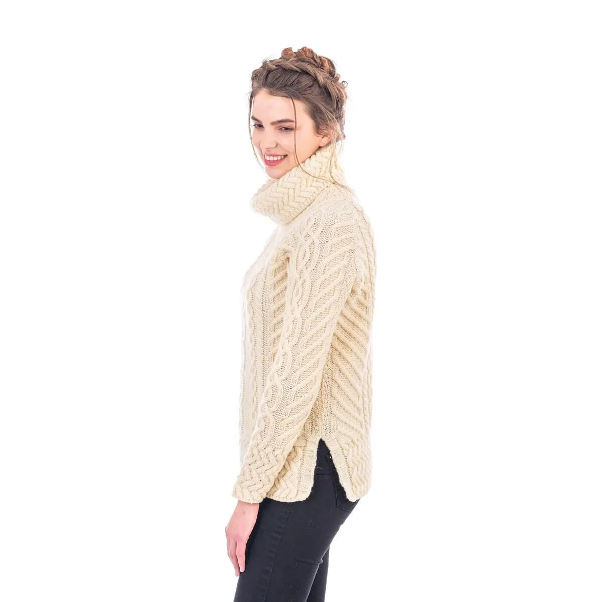 Traditional Ladies Funnel Neck Aran Sweater