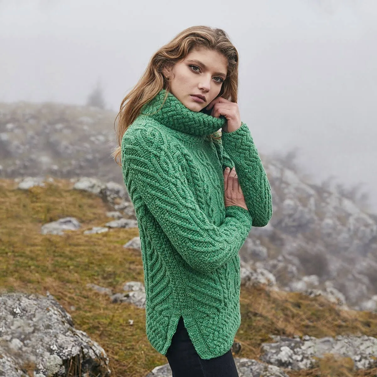 Traditional Ladies Funnel Neck Aran Sweater