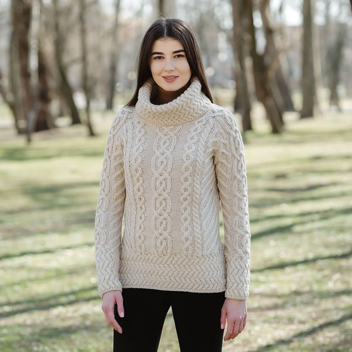 Traditional Ladies Funnel Neck Aran Sweater