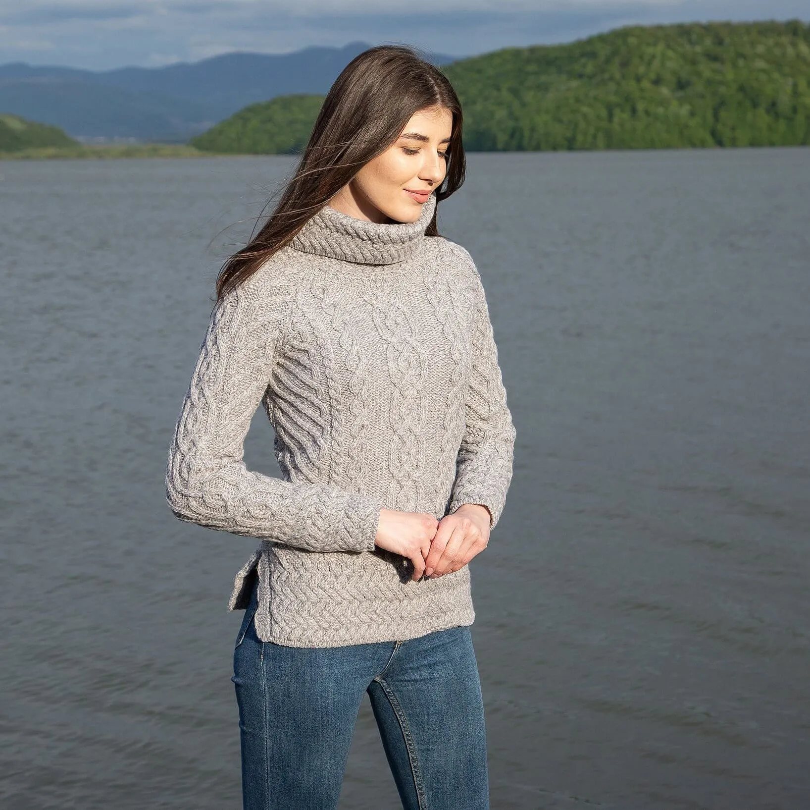 Traditional Ladies Funnel Neck Aran Sweater