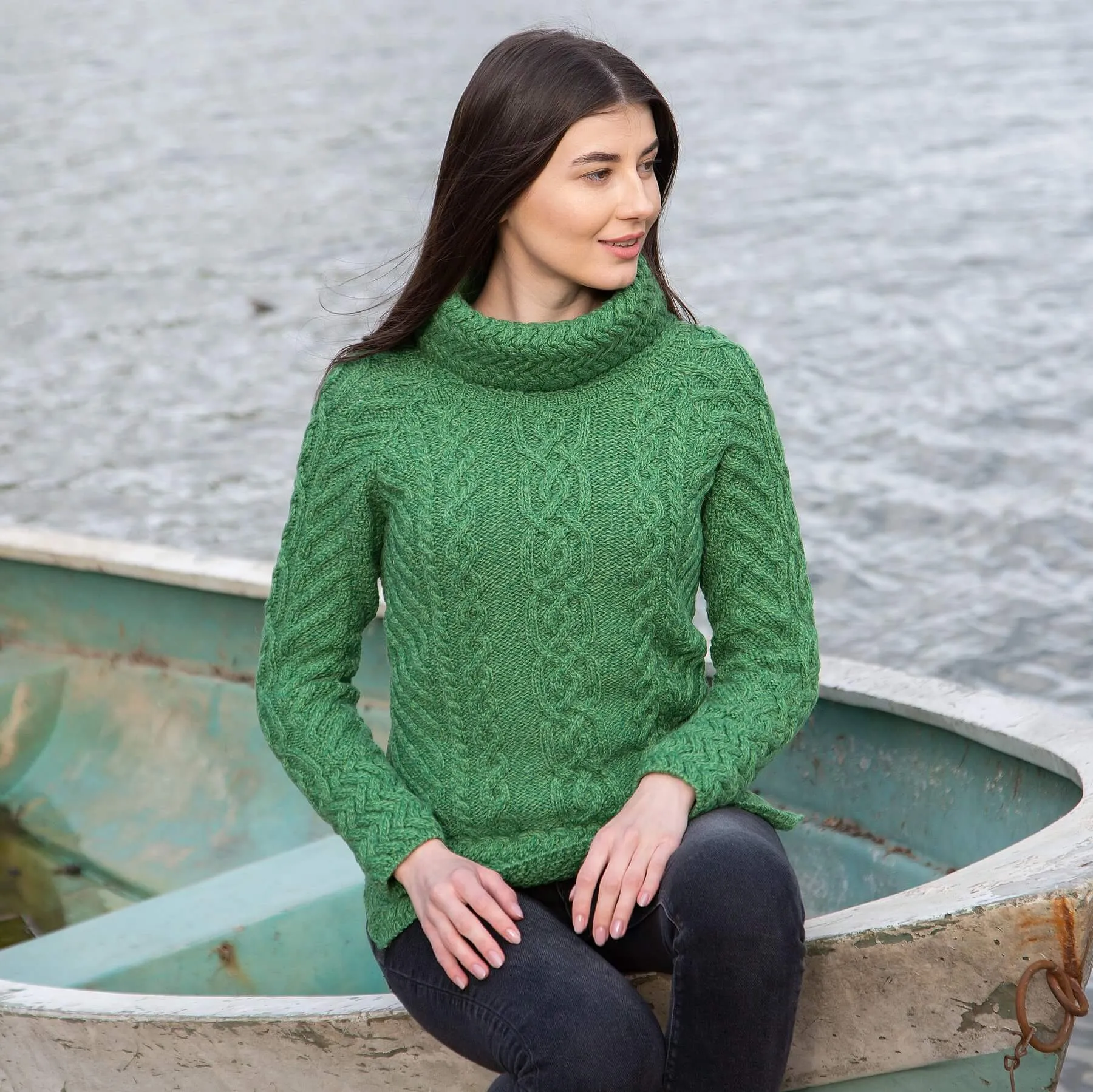 Traditional Ladies Funnel Neck Aran Sweater