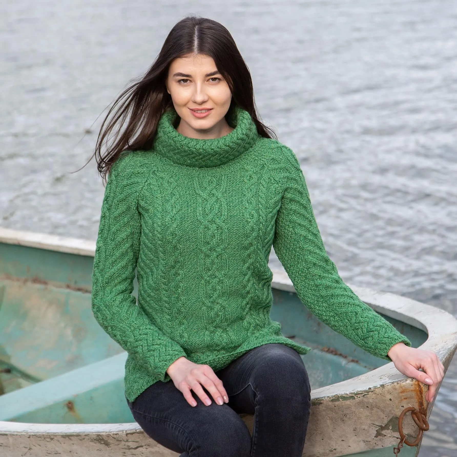 Traditional Ladies Funnel Neck Aran Sweater