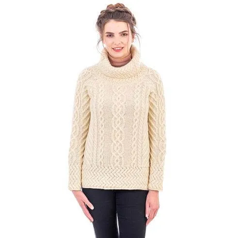 Traditional Ladies Funnel Neck Aran Sweater