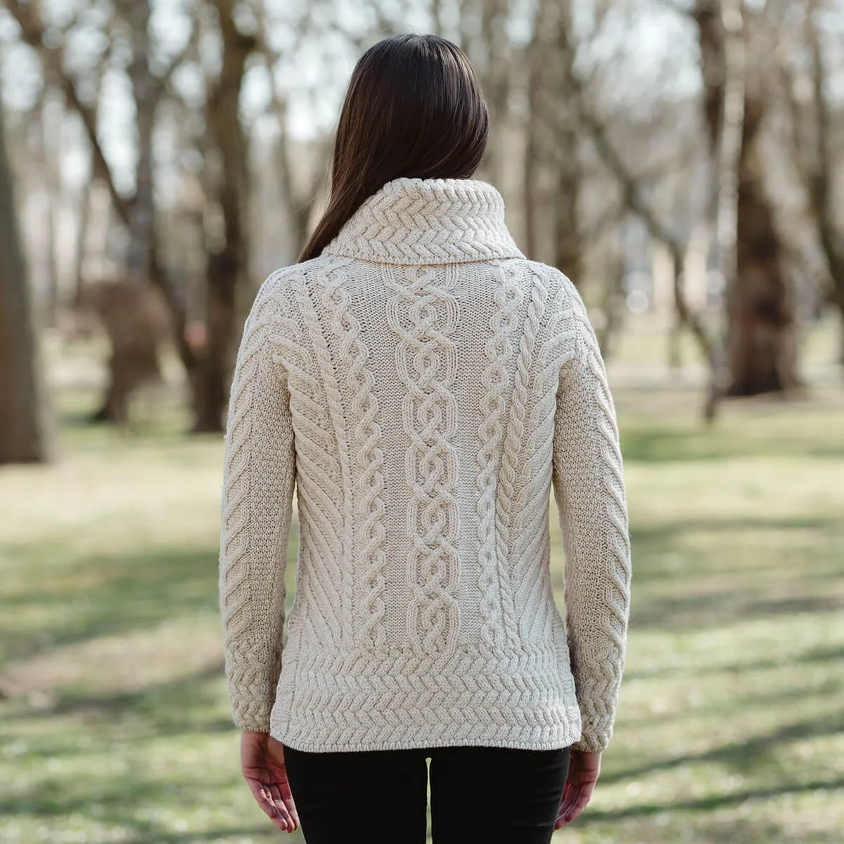 Traditional Ladies Funnel Neck Aran Sweater