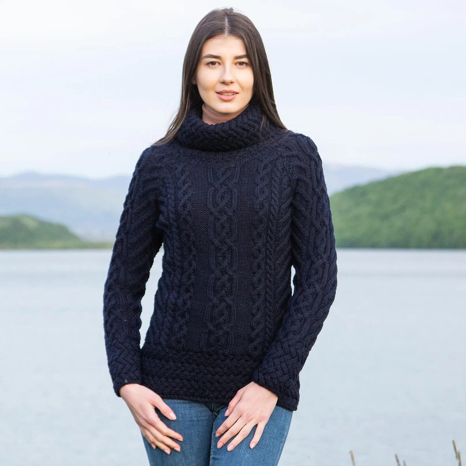 Traditional Ladies Funnel Neck Aran Sweater