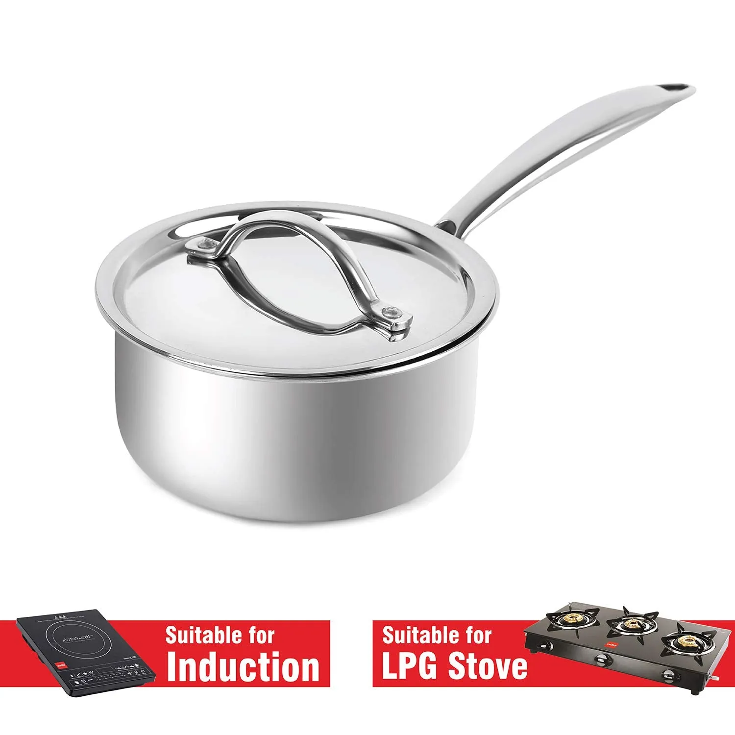 Tri-Ply Induction Base Stainless Steel Sauce Pan with Lid