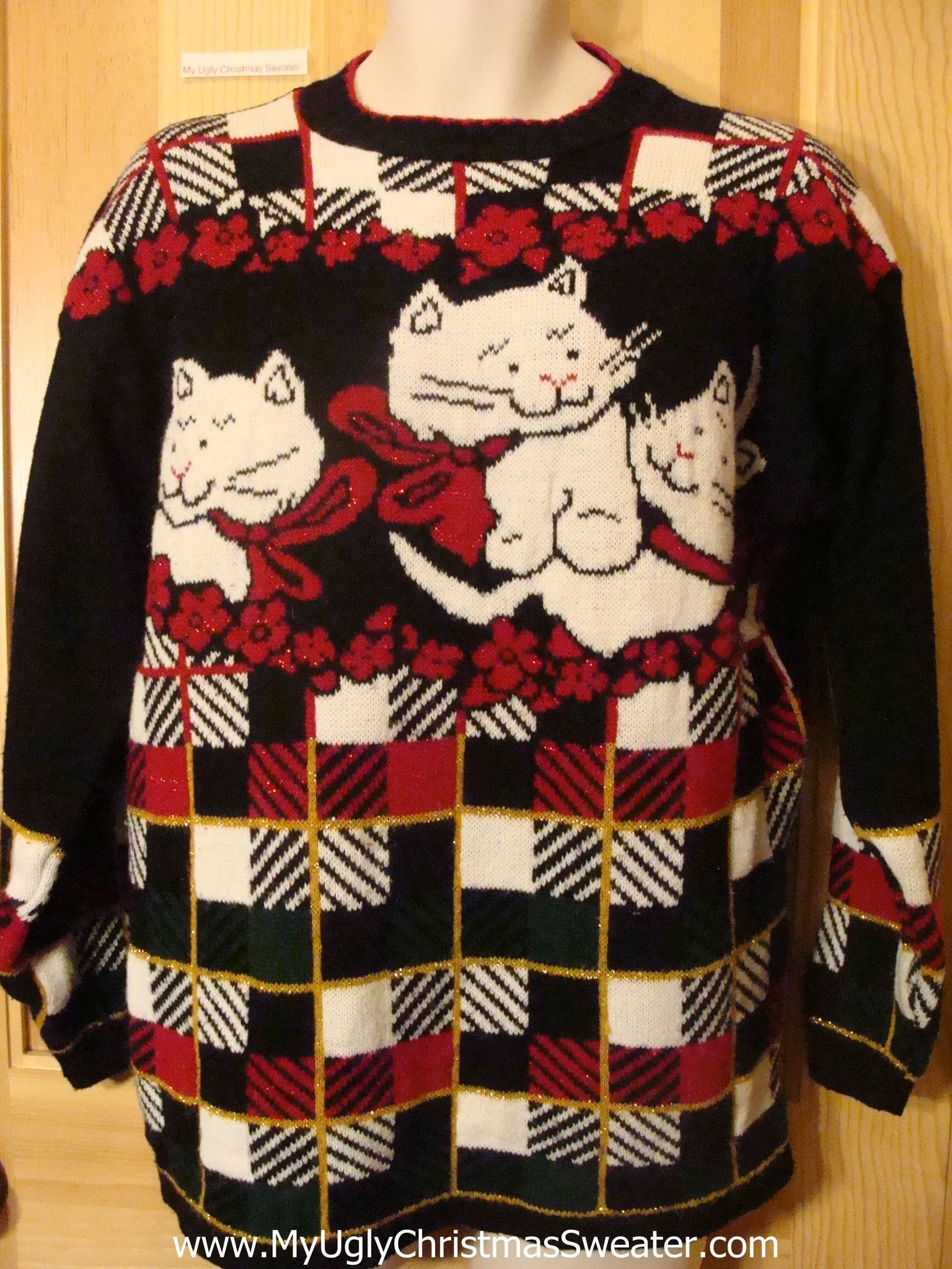 Ugly Christmas Sweater Cheesy Cats 80s Pullover