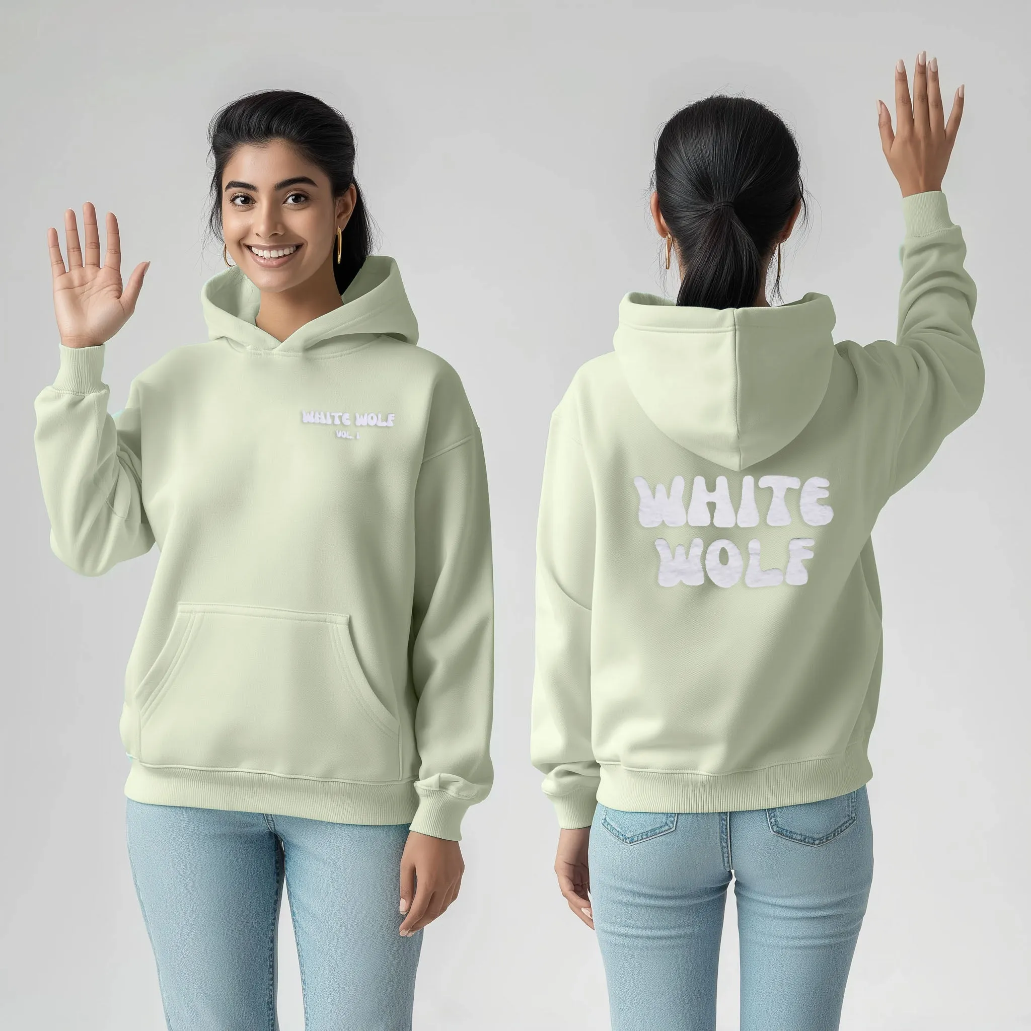 Unisex White Wolf Premium Fleece- Hoodie (Light Sea Green)