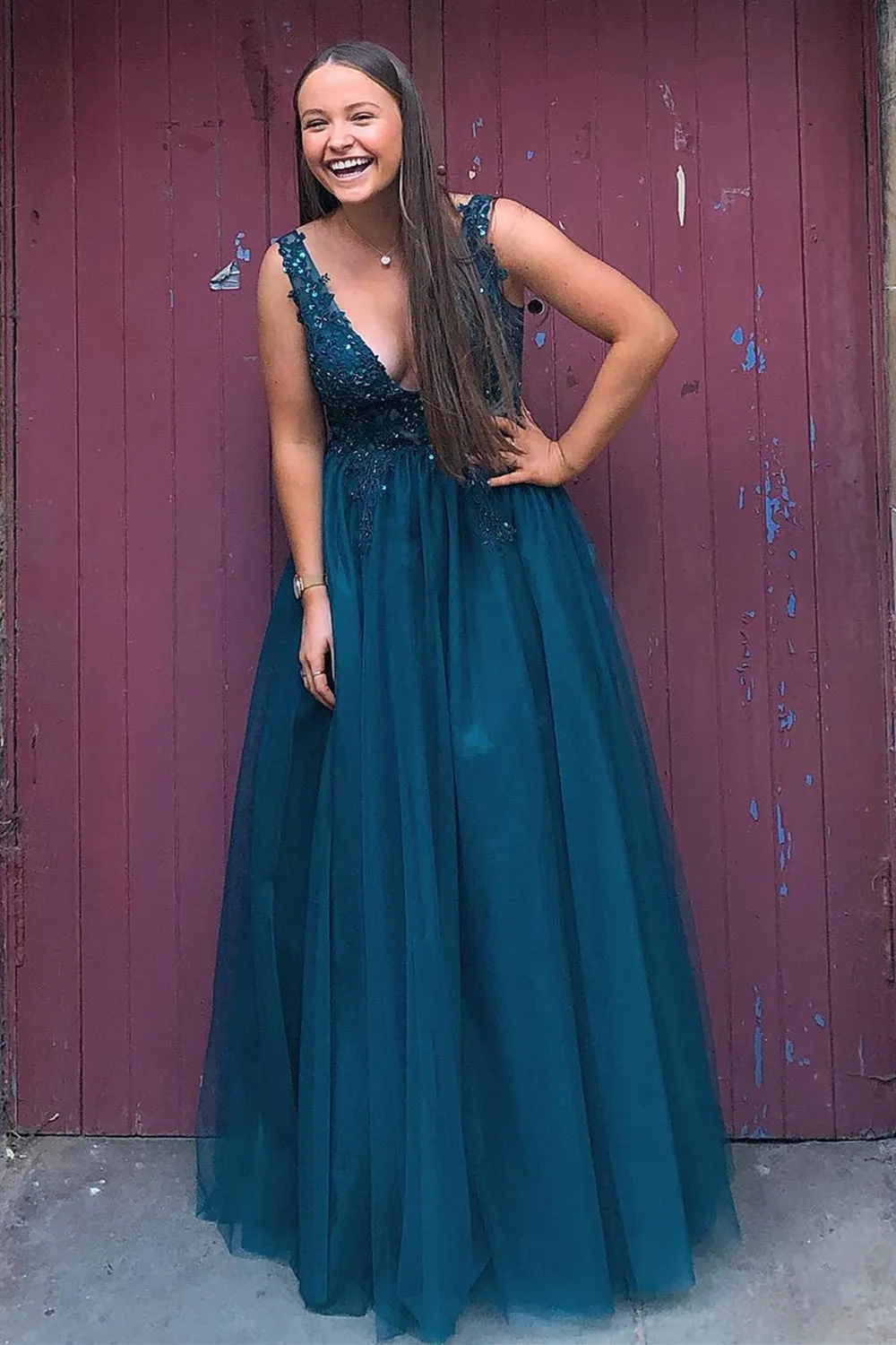 V Neck and V Back Blue Lace Beaded Long Prom, Long Blue Lace Formal Evening