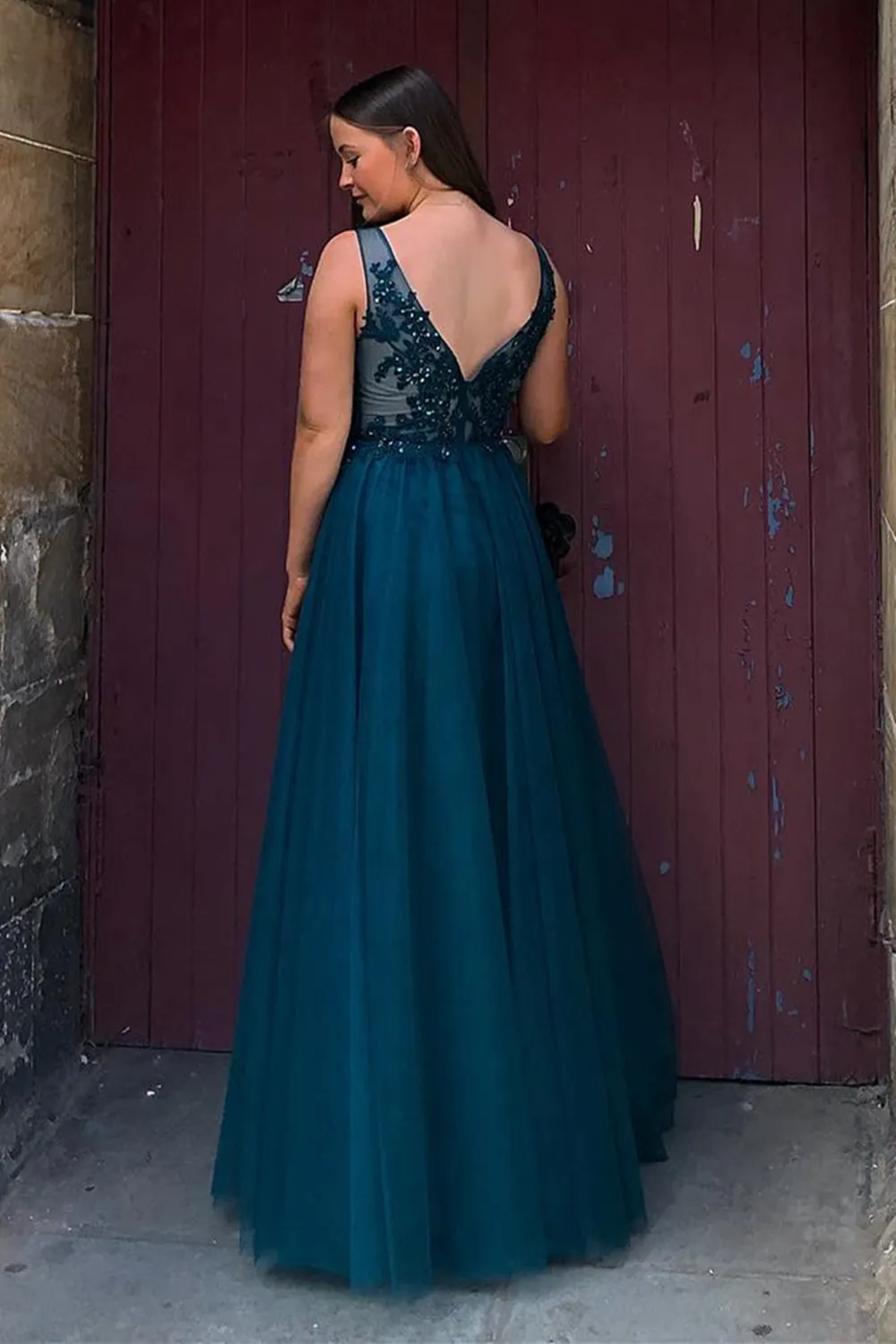 V Neck and V Back Blue Lace Beaded Long Prom, Long Blue Lace Formal Evening