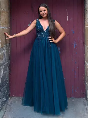 V Neck and V Back Blue Lace Beaded Long Prom, Long Blue Lace Formal Evening