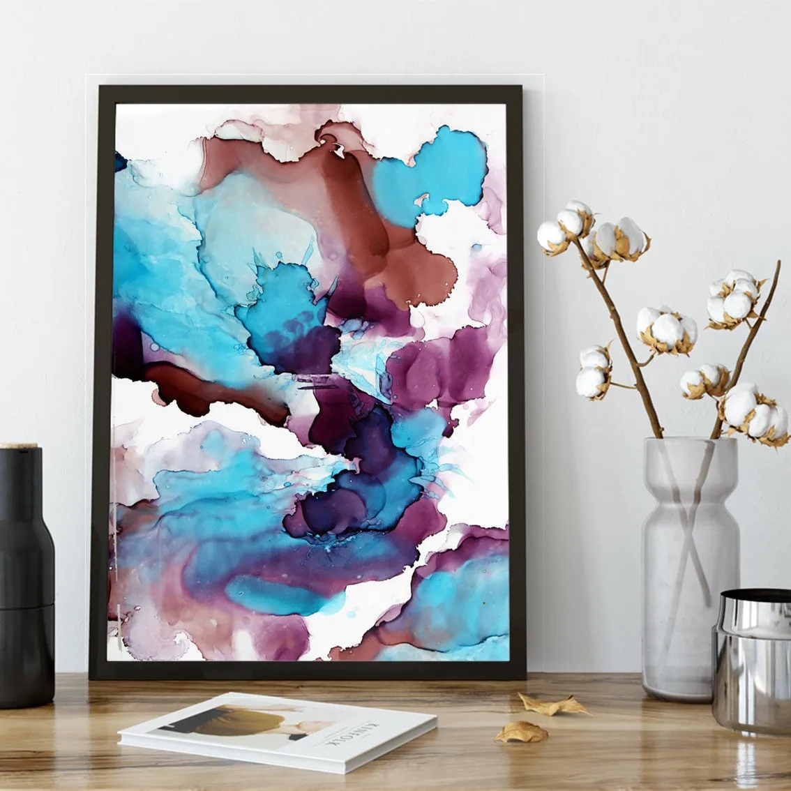 Vertical blue, purple & brown abstract alcohol ink art print