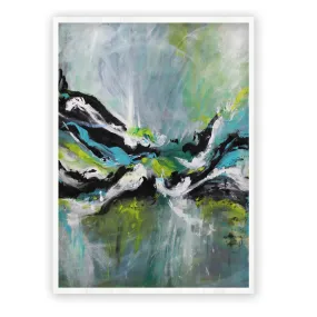 Vertical neutral, teal & lime green abstract wall art print