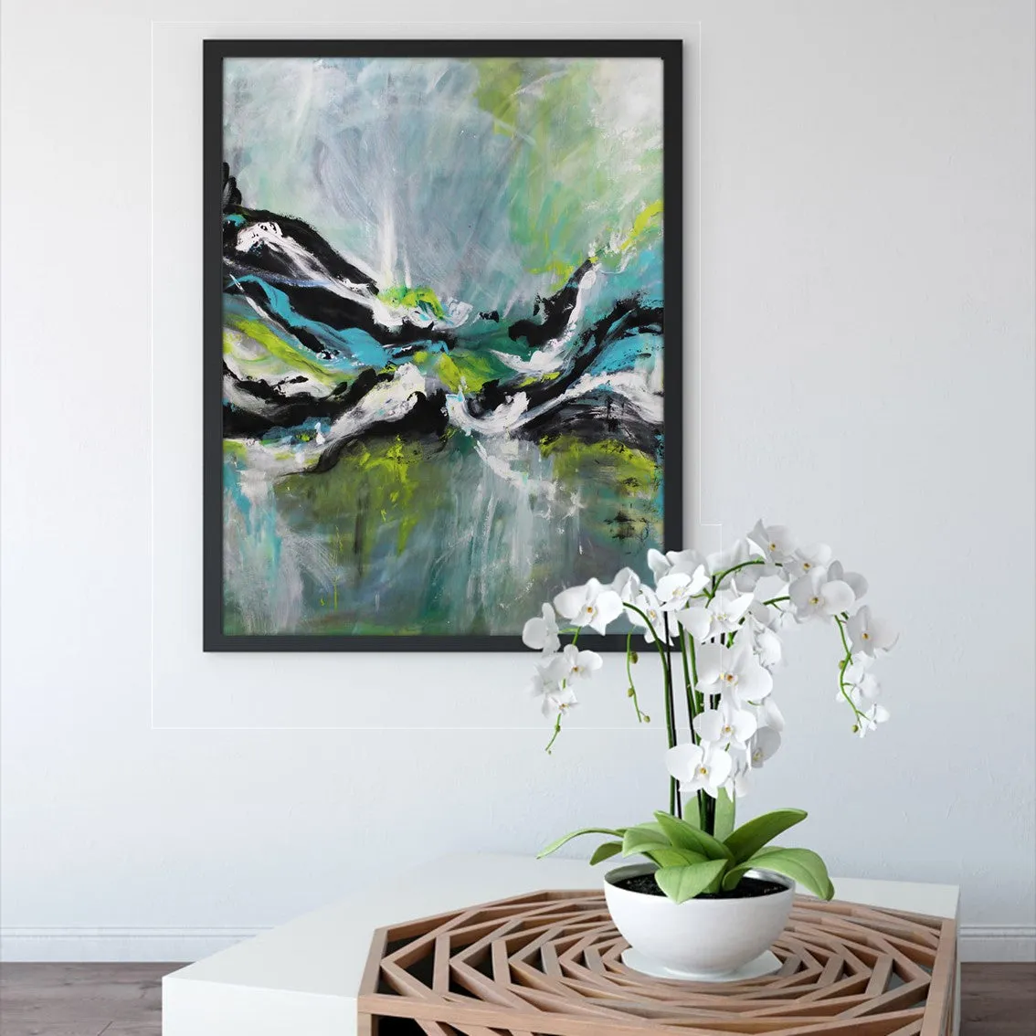 Vertical neutral, teal & lime green abstract wall art print