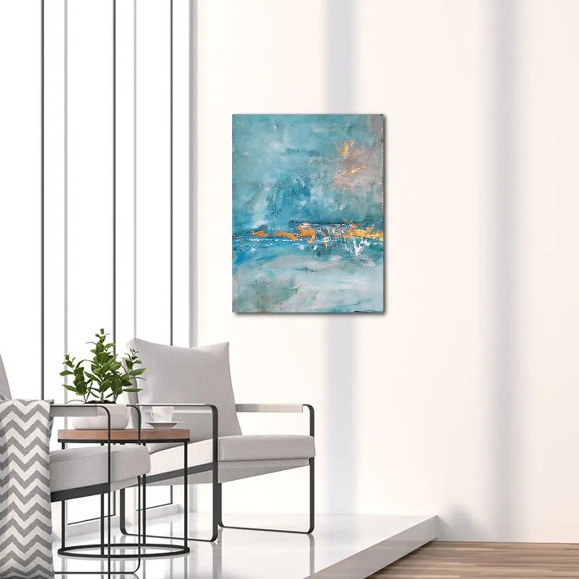 Vertical teal blue & gold abstract seascape wall art print