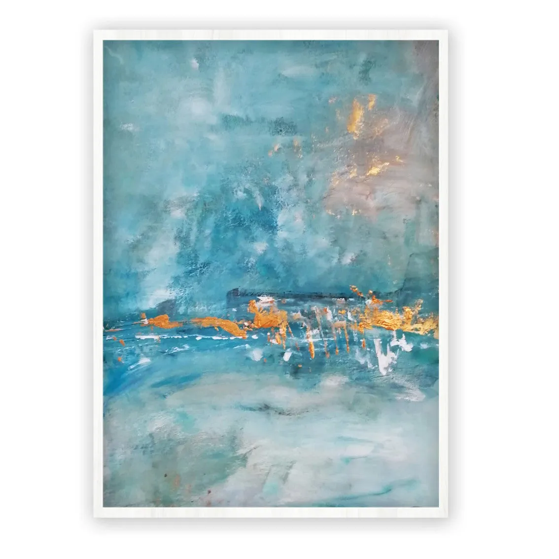 Vertical teal blue & gold abstract seascape wall art print