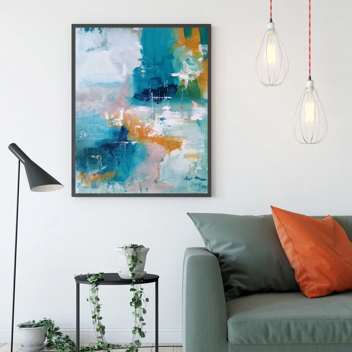 Vertical teal, blue & orange abstract wall art print