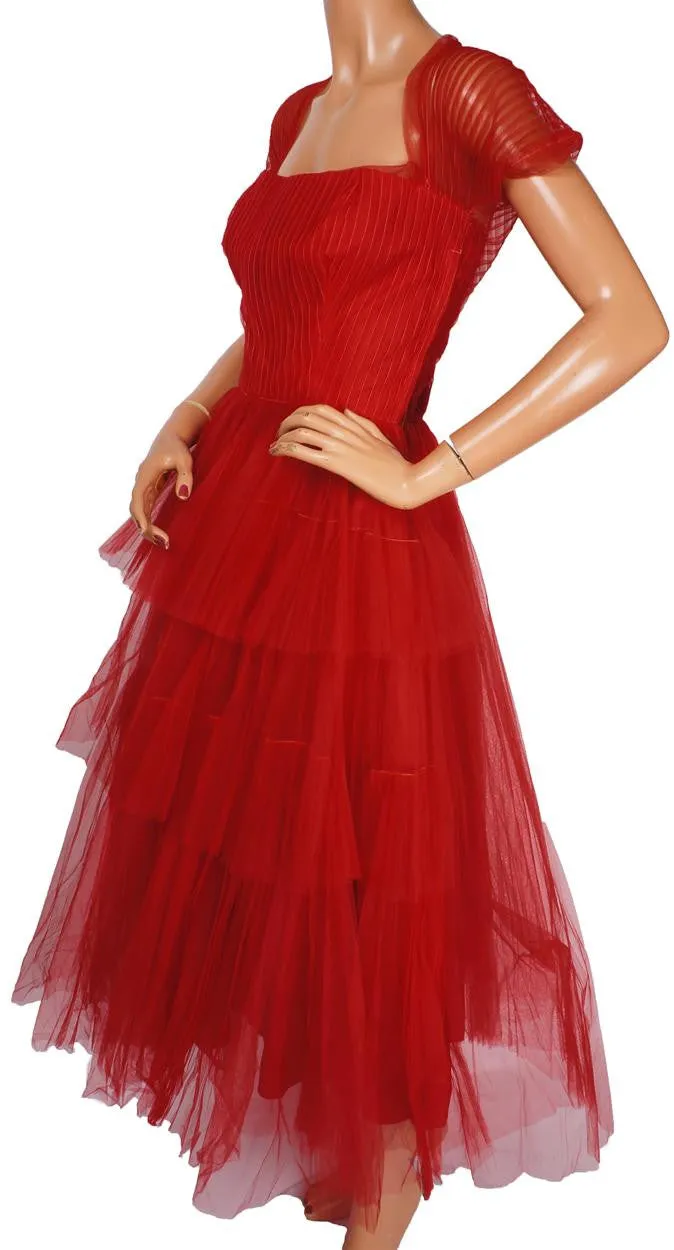 Vintage 1950s Red Tulle Party Dress by Rappi for Saks Fifth Avenue