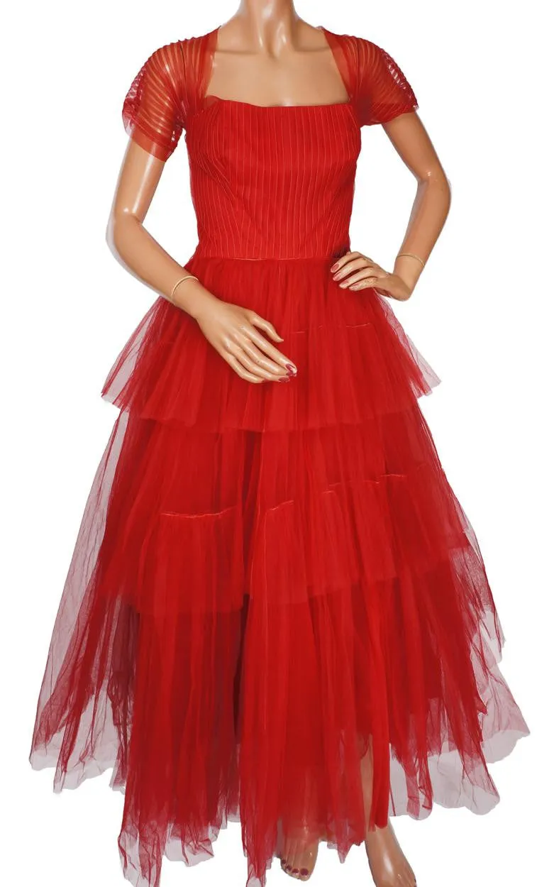 Vintage 1950s Red Tulle Party Dress by Rappi for Saks Fifth Avenue