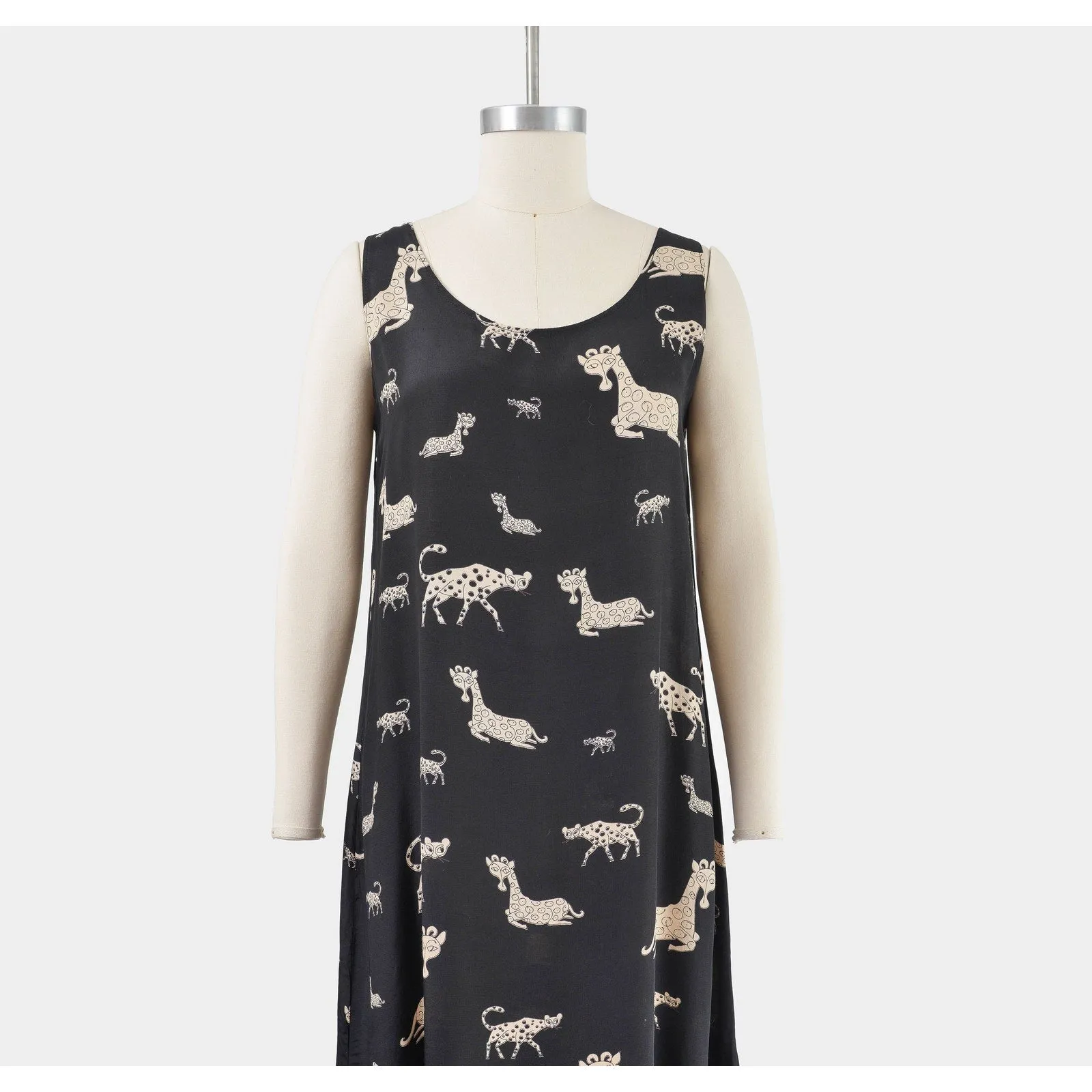 Vintage 90s Black Animal Print A-line Sleeveless Dress Leopard and Giraffes size Small