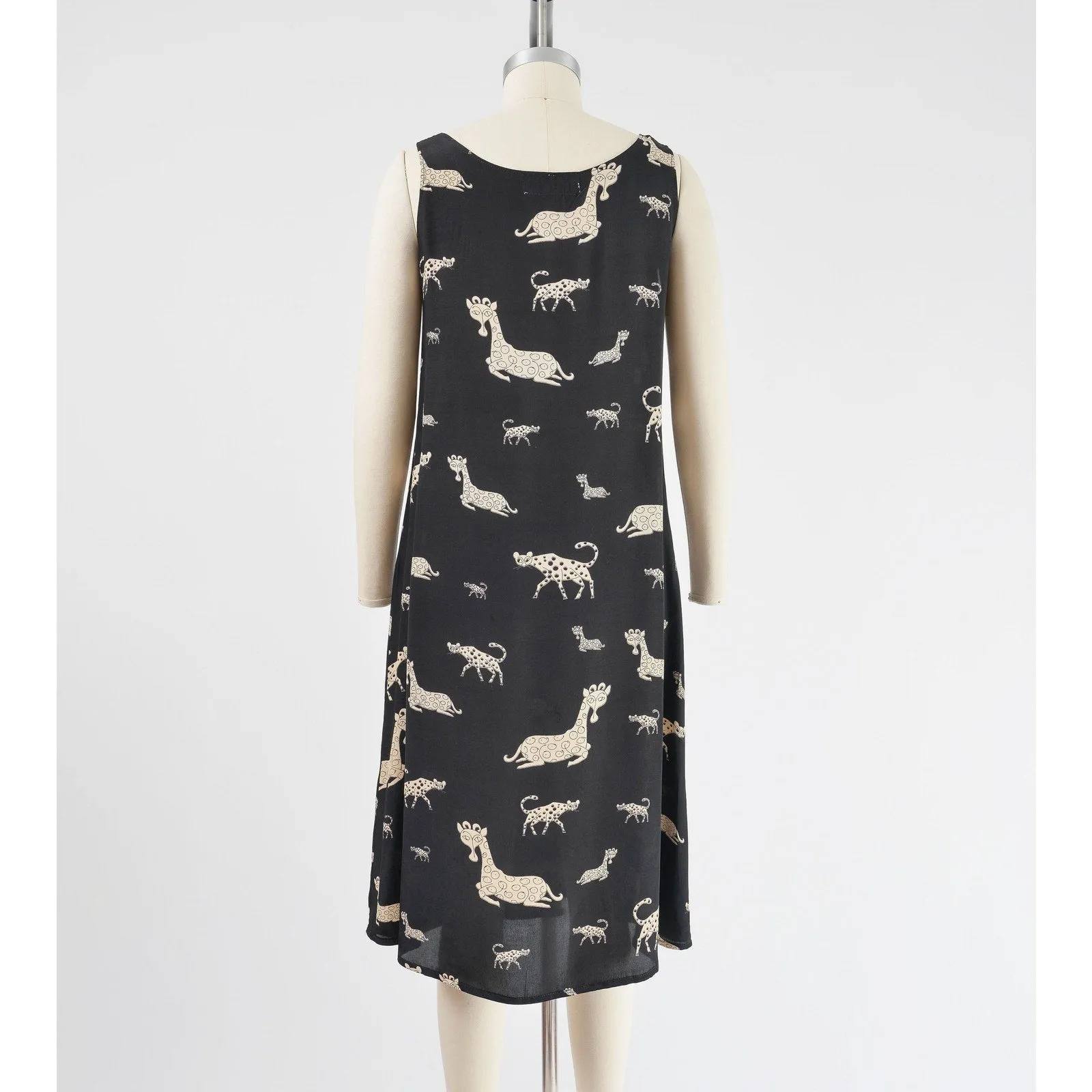 Vintage 90s Black Animal Print A-line Sleeveless Dress Leopard and Giraffes size Small