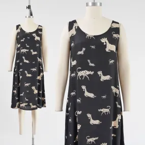 Vintage 90s Black Animal Print A-line Sleeveless Dress Leopard and Giraffes size Small