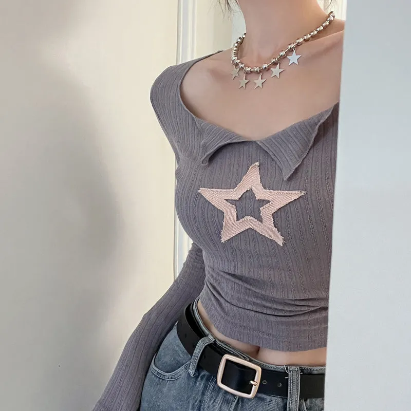 Wallia Star Embroidery Square Neck long Sleeve Slim Cropped Top