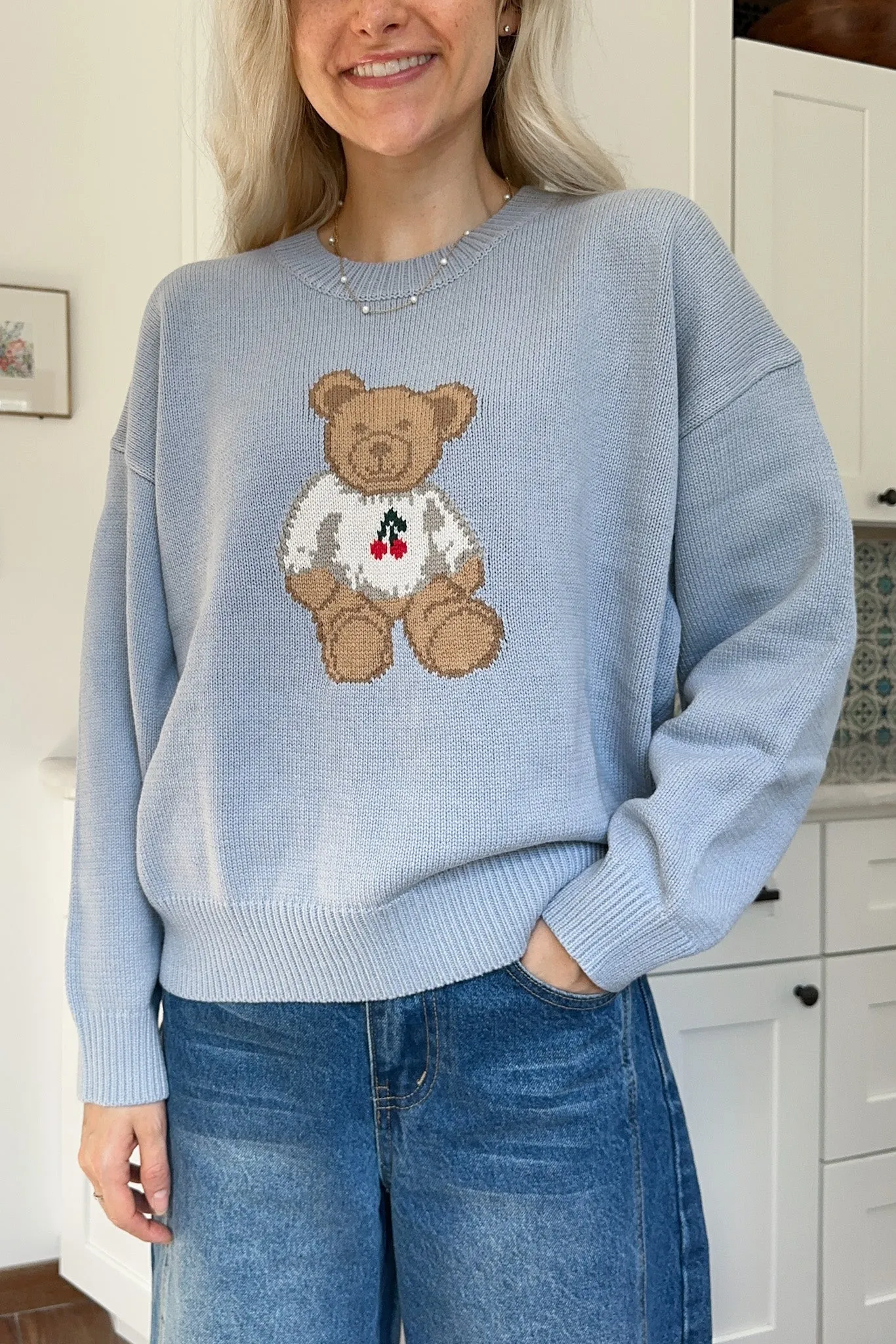 Winnie Crew Neck Teddy Bear Sweater in Dusty Blue