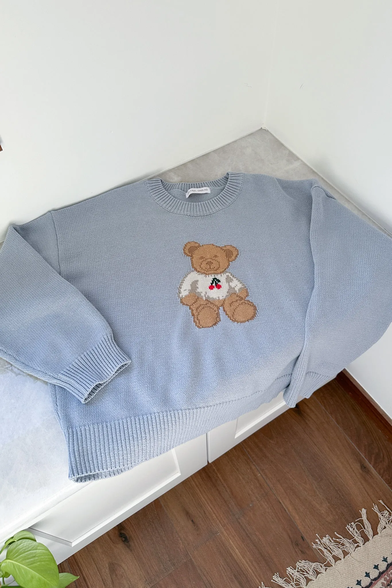 Winnie Crew Neck Teddy Bear Sweater in Dusty Blue