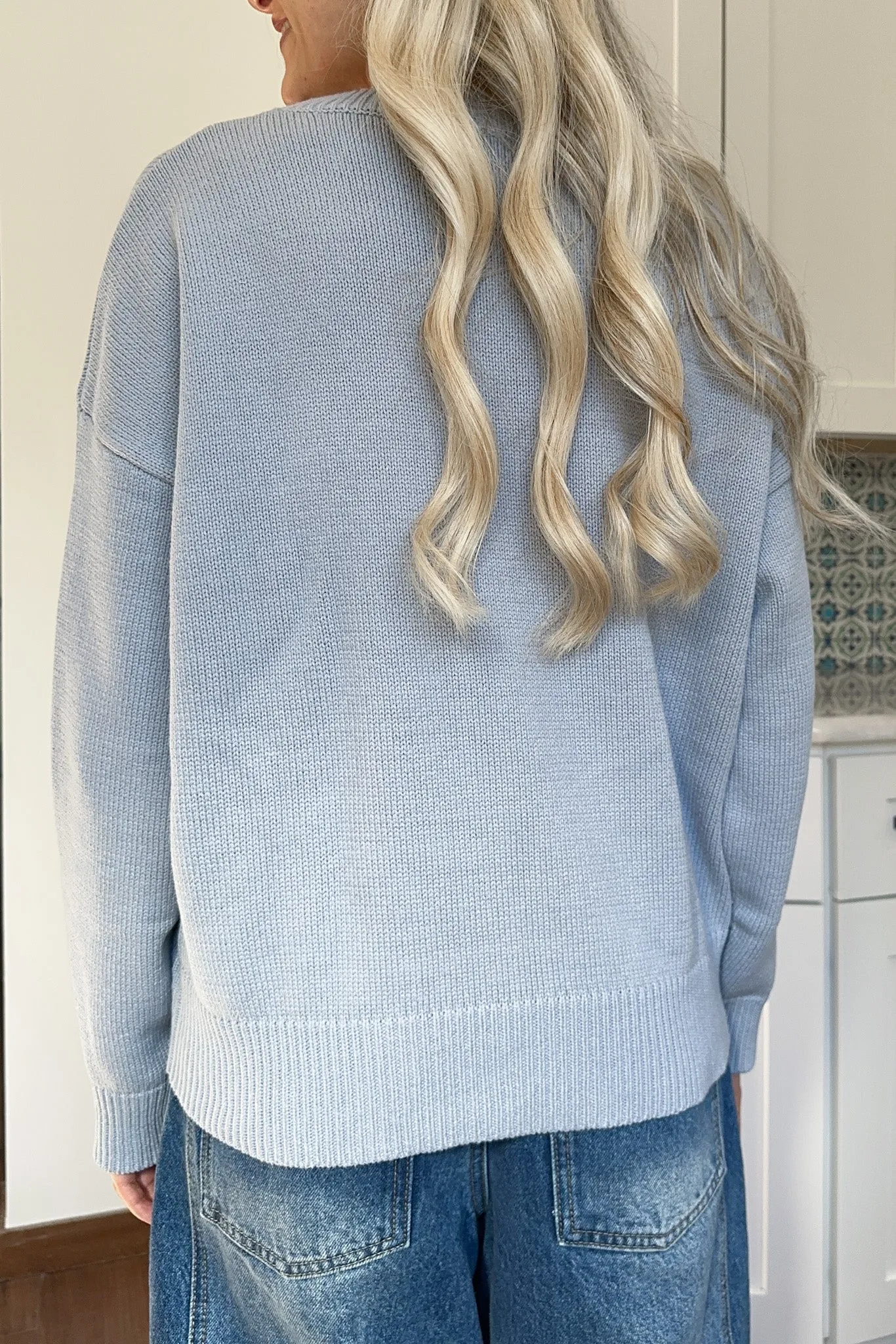 Winnie Crew Neck Teddy Bear Sweater in Dusty Blue