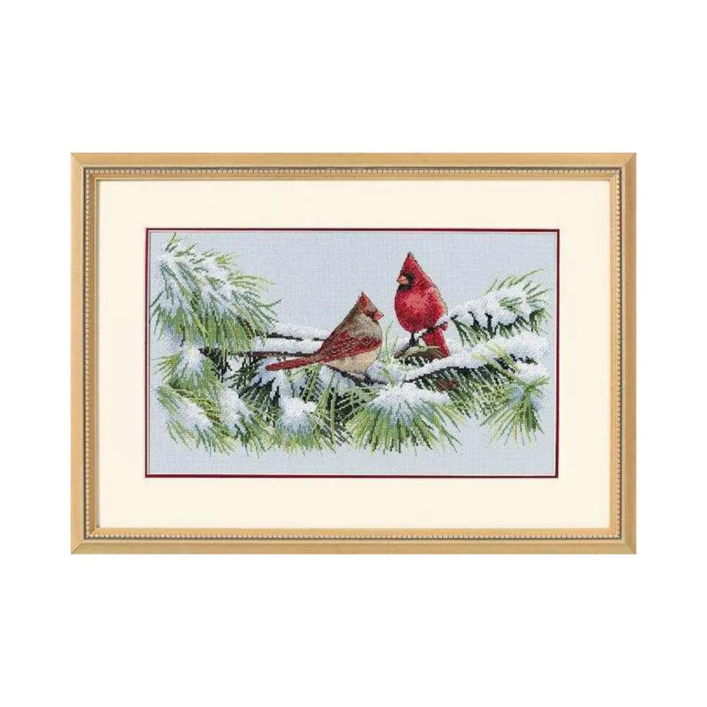 WINTER CARDINALS, Counted Cross Stitch Kit, 16 count dove grey Aida, DIMENSIONS (35178)