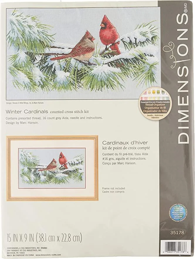 WINTER CARDINALS, Counted Cross Stitch Kit, 16 count dove grey Aida, DIMENSIONS (35178)