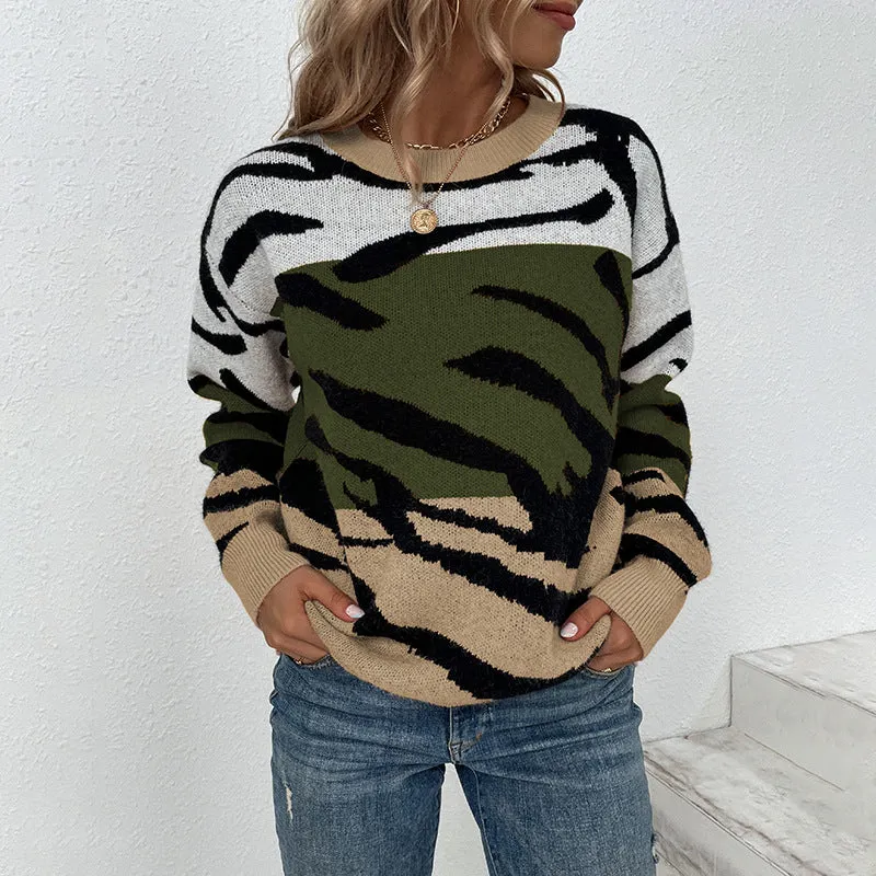 Women Sweaters Kniting Round Collar Pullover Tiger Camo Printed Long Sleeve