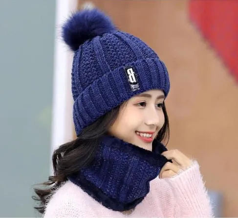 Women Wool Knitted Hat Ski Hat Sets For Female Windproof Winter Outdoor Knit Warm Thick Siamese Scarf Collar Warm Hat Girl Gift