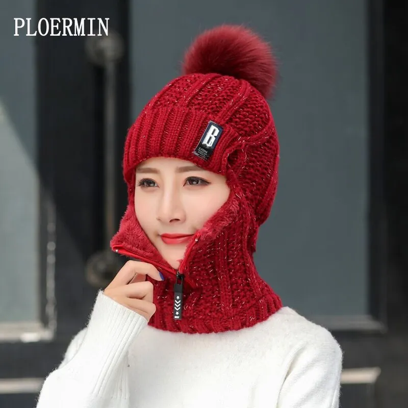 Women Wool Knitted Hat Ski Hat Sets For Female Windproof Winter Outdoor Knit Warm Thick Siamese Scarf Collar Warm Hat Girl Gift