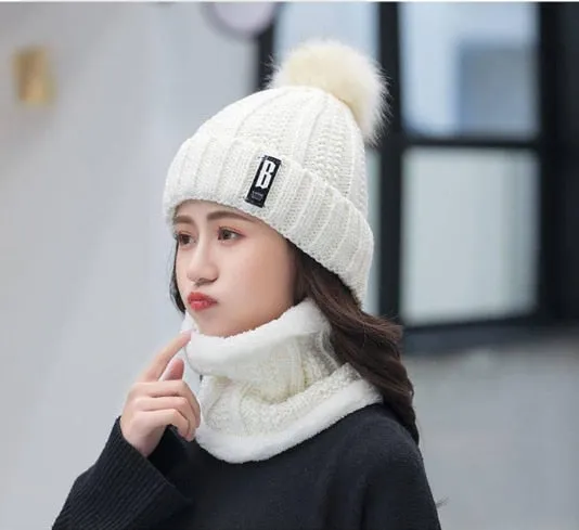 Women Wool Knitted Hat Ski Hat Sets For Female Windproof Winter Outdoor Knit Warm Thick Siamese Scarf Collar Warm Hat Girl Gift