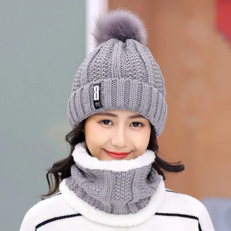 Women Wool Knitted Hat Ski Hat Sets For Female Windproof Winter Outdoor Knit Warm Thick Siamese Scarf Collar Warm Hat Girl Gift