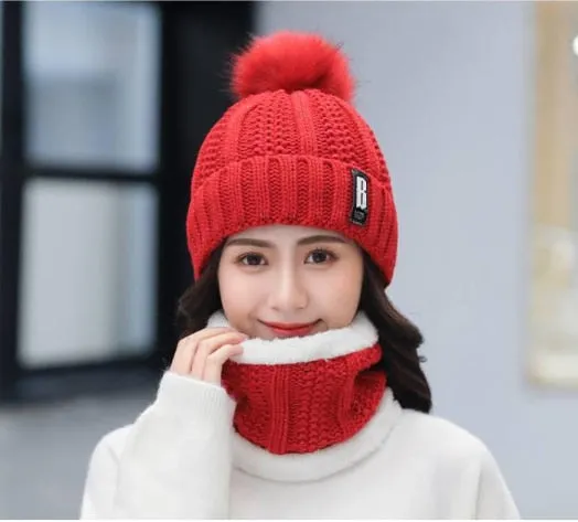 Women Wool Knitted Hat Ski Hat Sets For Female Windproof Winter Outdoor Knit Warm Thick Siamese Scarf Collar Warm Hat Girl Gift