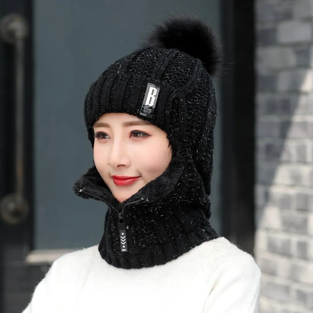 Women Wool Knitted Hat Ski Hat Sets For Female Windproof Winter Outdoor Knit Warm Thick Siamese Scarf Collar Warm Hat Girl Gift