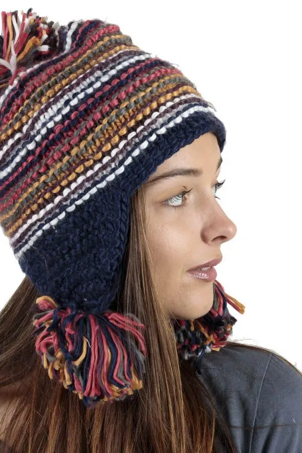 Women's hand knit acrylic wool bella hat with pom poms