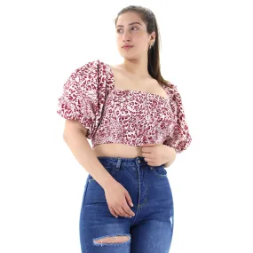 Women's Printed Smocked Crop Top,Burgundy