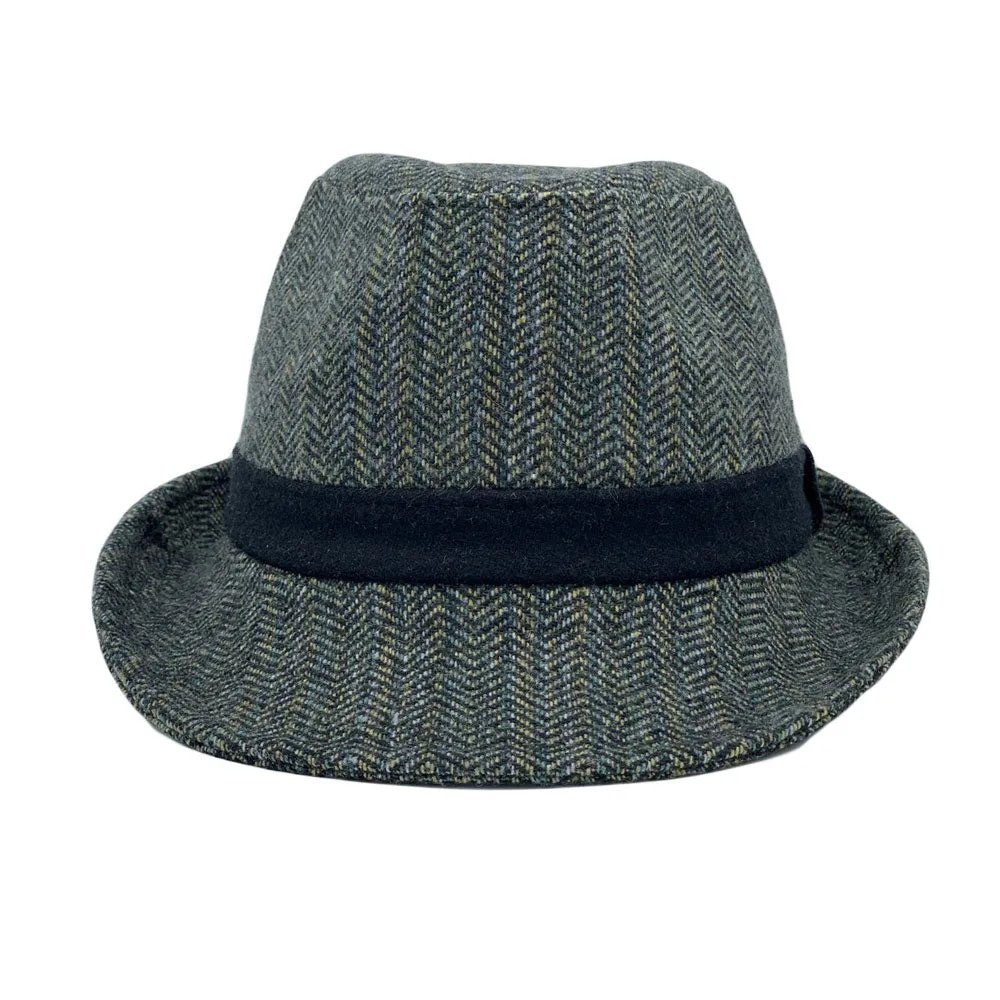 Wool Herringbone Check Fedora Hat - Classy Trilby Manhattan Structured Short Brim LD61567