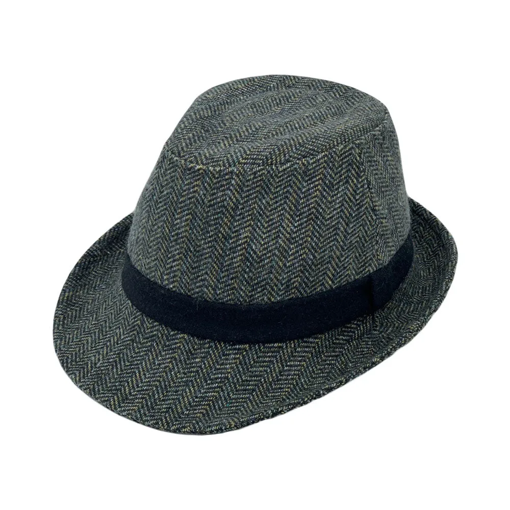 Wool Herringbone Check Fedora Hat - Classy Trilby Manhattan Structured Short Brim LD61567